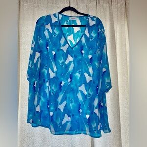 Adrienne Blue & White Abstract V-Neck Blouse